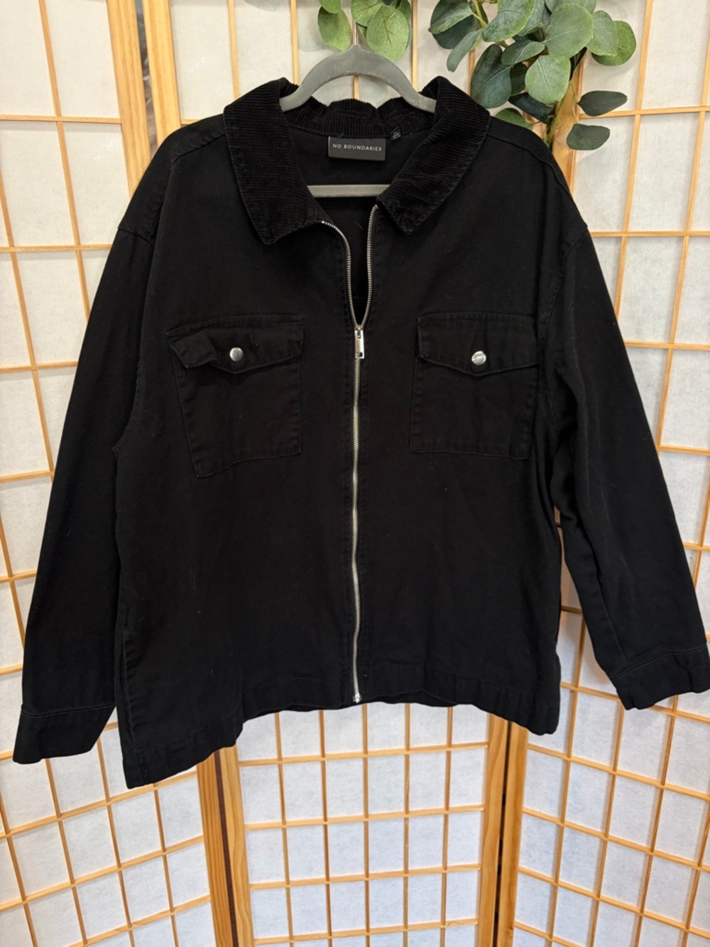 No Boundaries Black Corduroy-Collar Utility Jacket